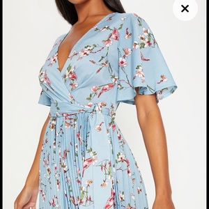 Dusty blue floral pleated mido dress